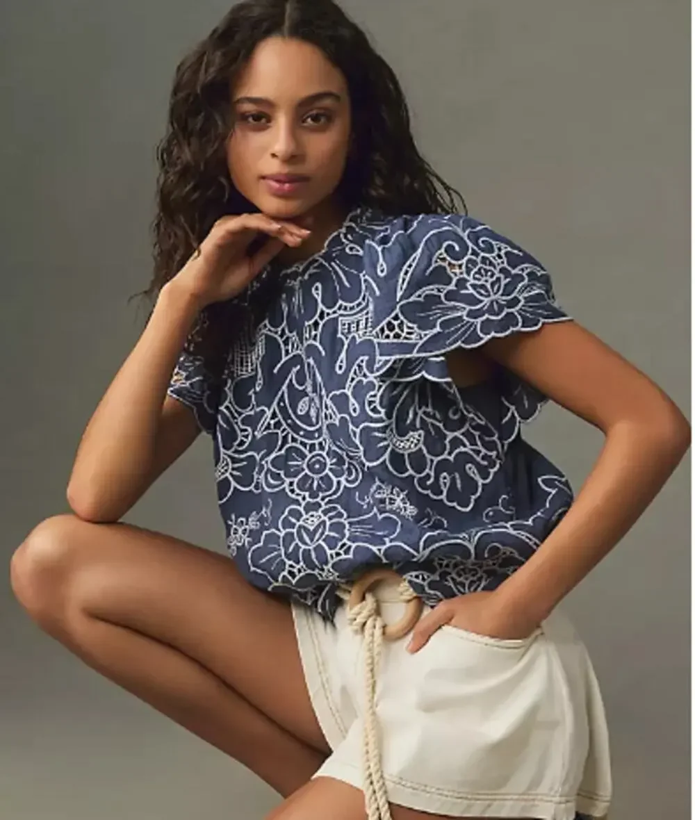 The Lainie High-neck Lace Cutwork Blouse Blue by Anthropologie XXS Linen Blend